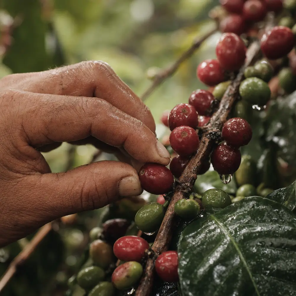 Mano cortando una cereza de café madura